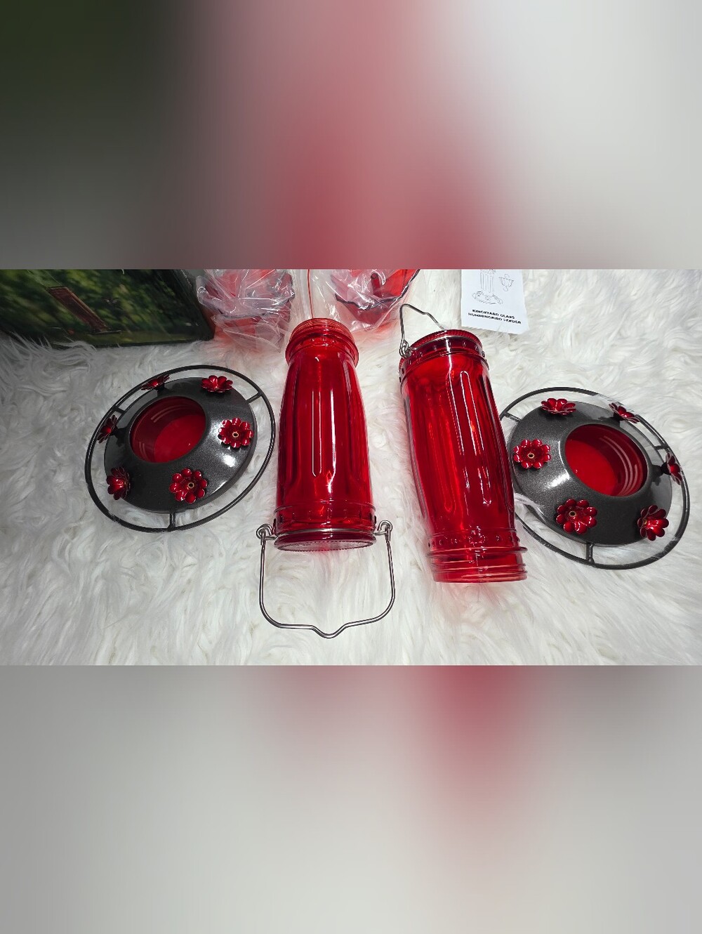 Red Glass Hummingbird Feeder Set - Decorative Hanging Nectar Feeders - Picture 8 of 12
